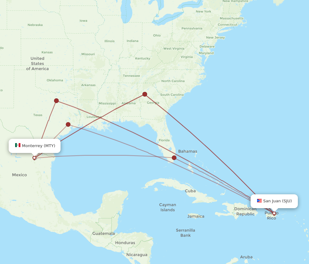 Flights from Monterrey to San Juan MTY to SJU Flight Routes