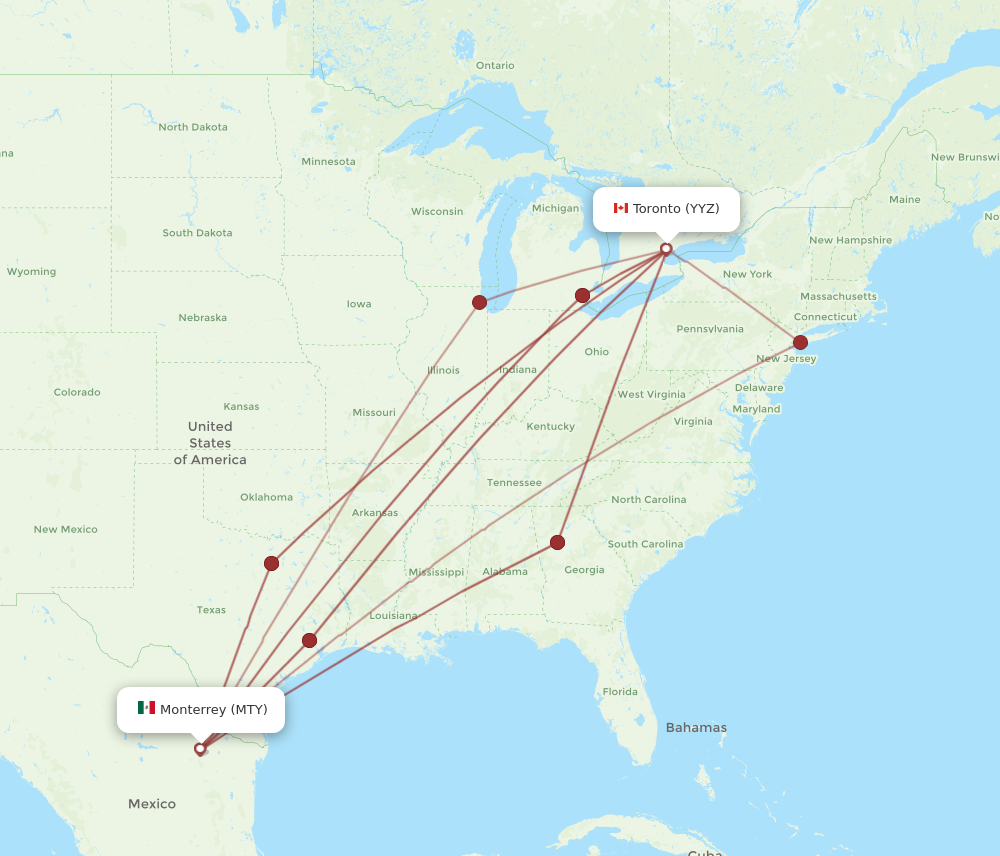 MTY to YYZ flights and routes map