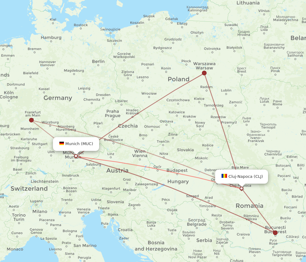 All flight routes from Munich to Cluj-Napoca, MUC to CLJ - Flight Routes