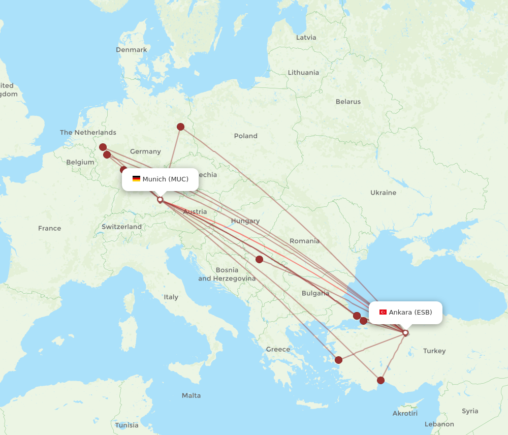 All flight routes from Munich to Ankara, MUC to ESB - Flight Routes