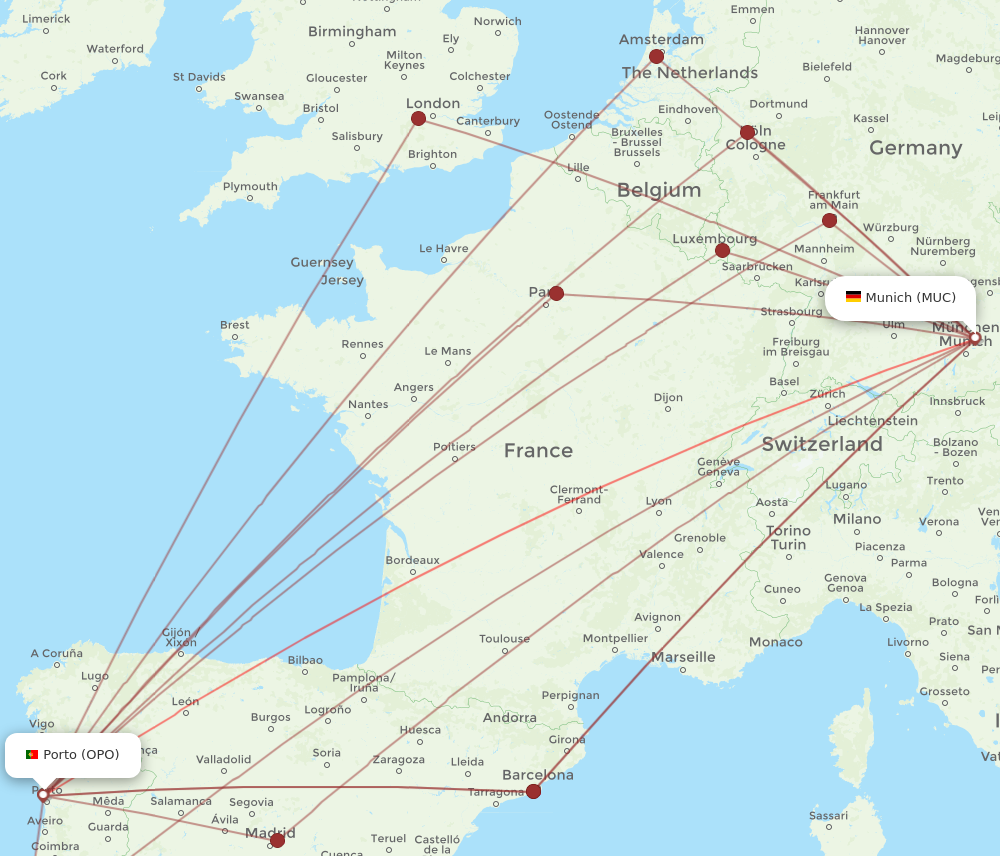 All flight routes from Munich to Porto, MUC to OPO - Flight Routes