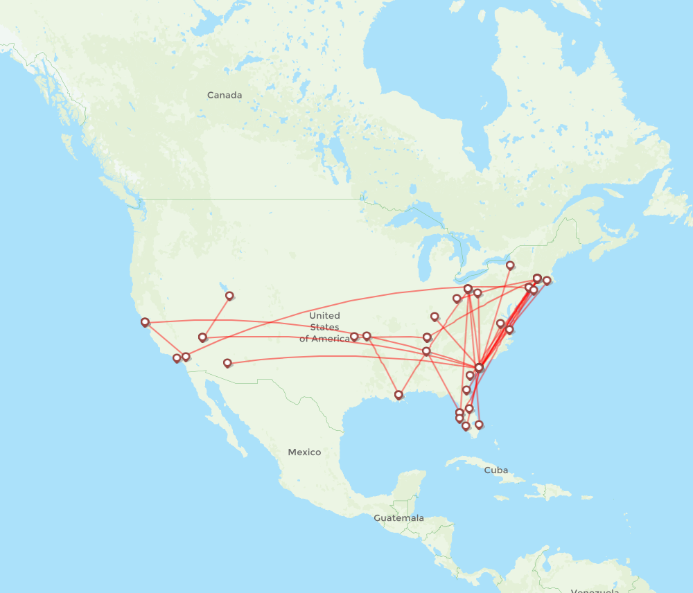 Breeze Airways airline routes (MX) - map - Flight Routes