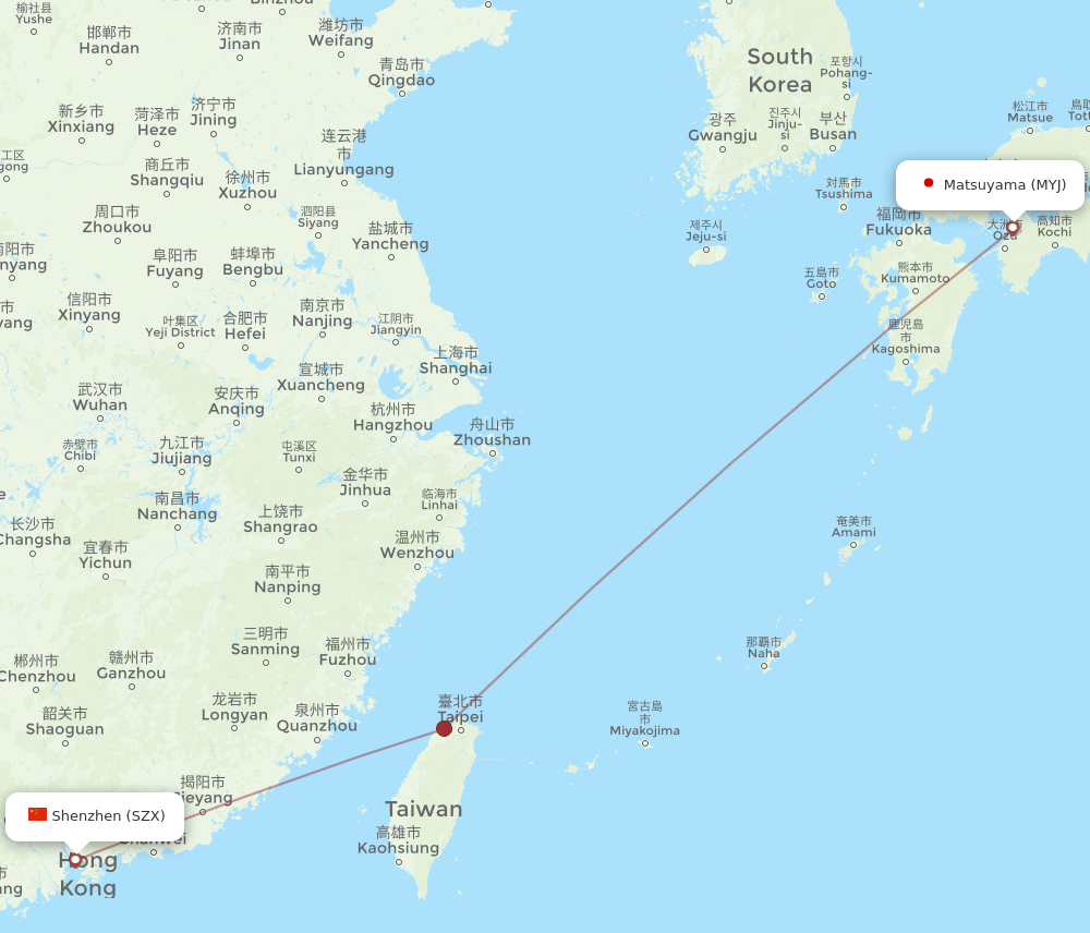 MYJ to SZX flights and routes map