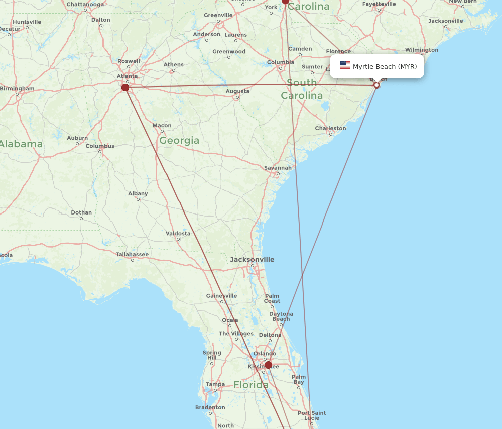 All flight routes from Myrtle Beach to Miami, MYR to MIA Flight Routes