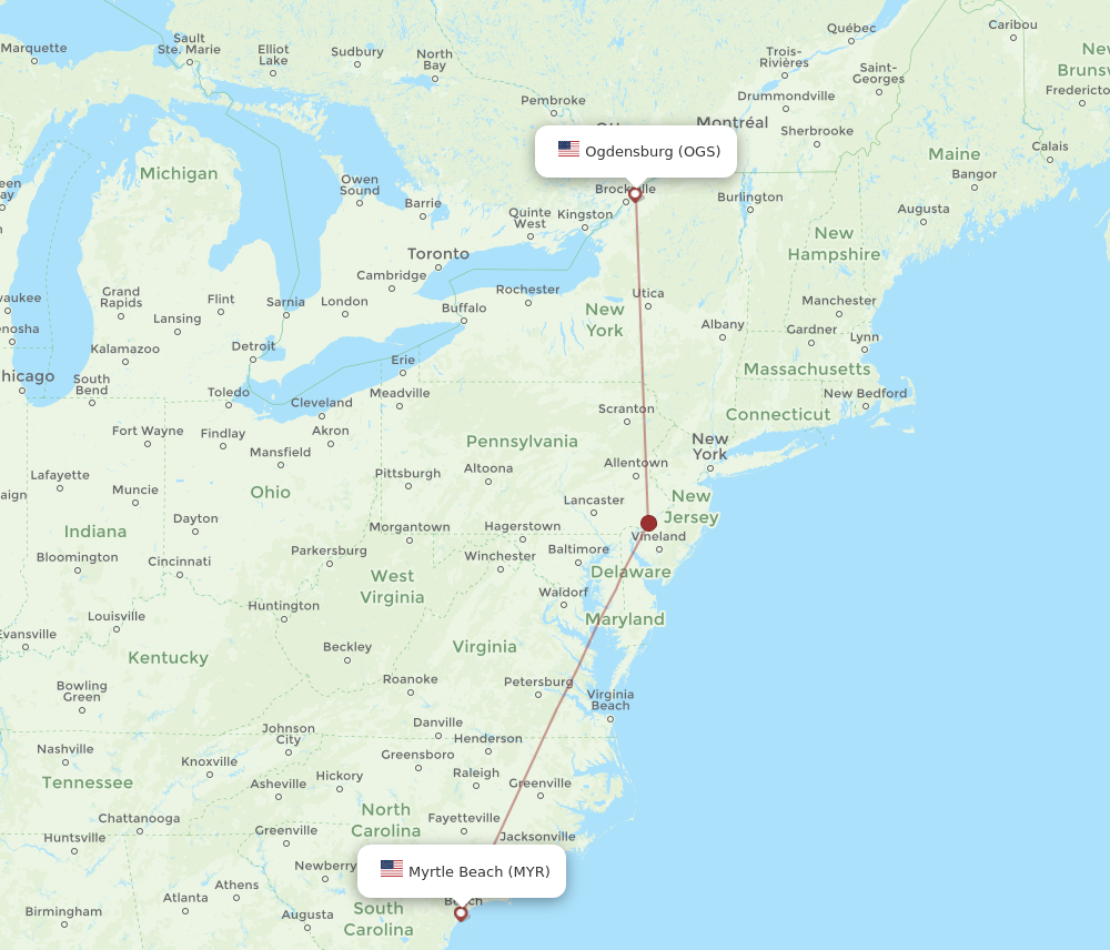 Flights from Myrtle Beach to Ogdensburg MYR to OGS Flight Routes