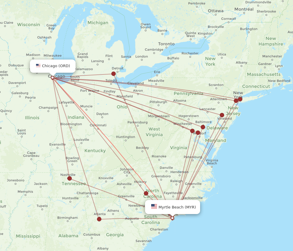 All flight routes from Myrtle Beach to Chicago, MYR to ORD - Flight Routes