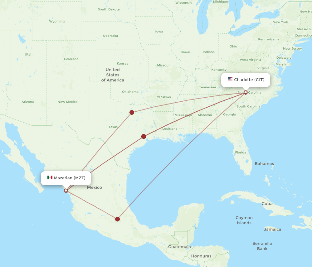 MZT to CLT flights and routes map