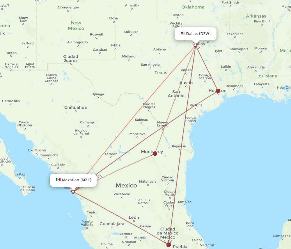 MZT to DFW flights and routes map