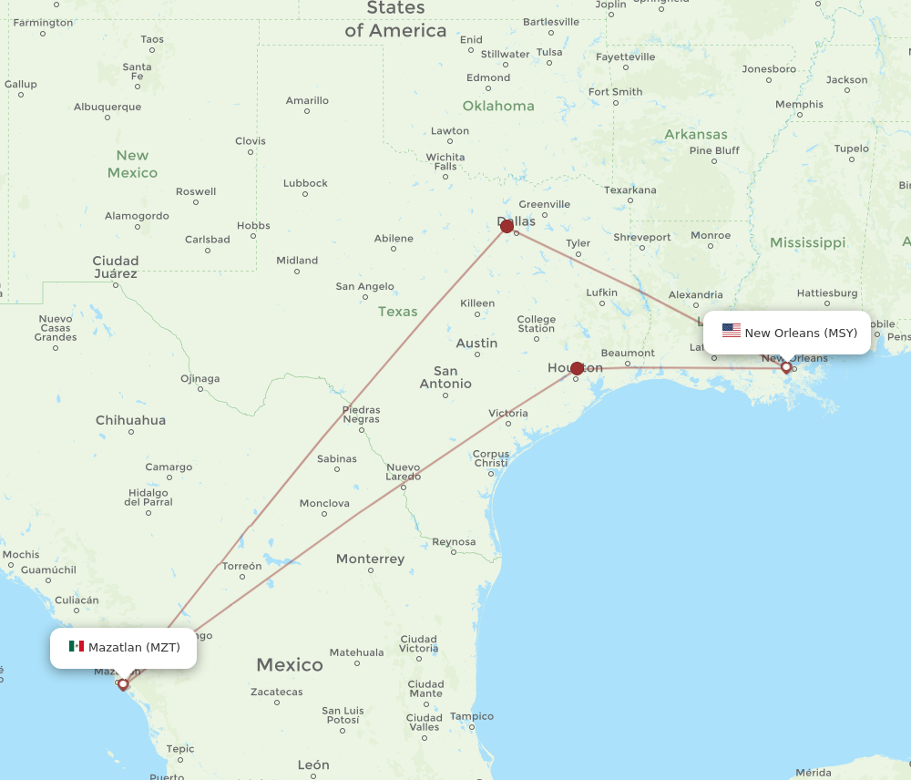 Flights from Mazatlan to New Orleans MZT to MSY Flight Routes