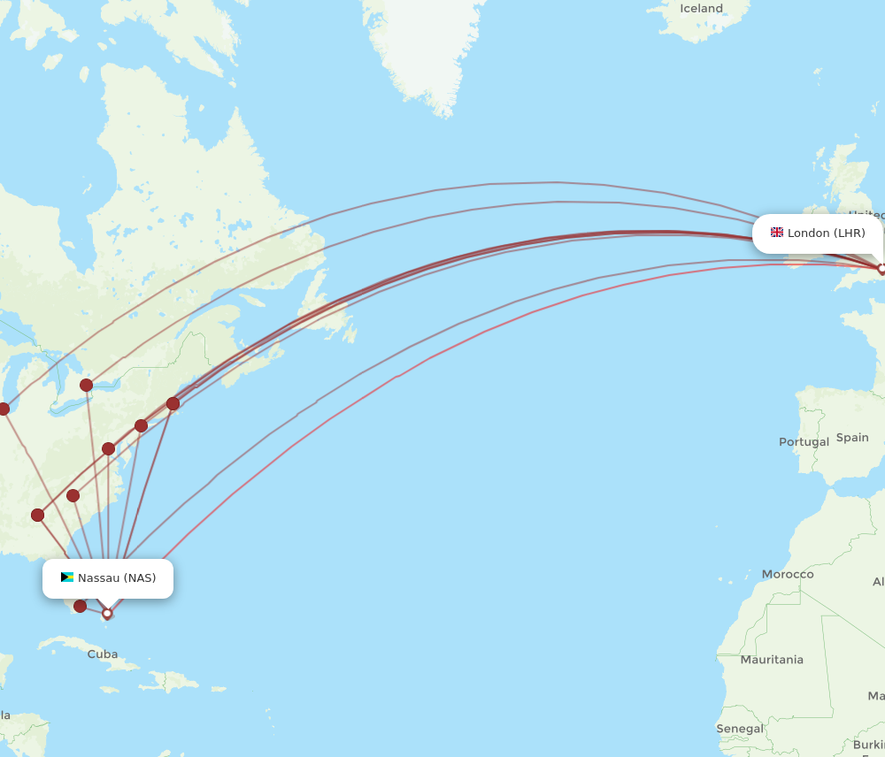 All flight routes from Nassau to London, NAS to LHR - Flight Routes