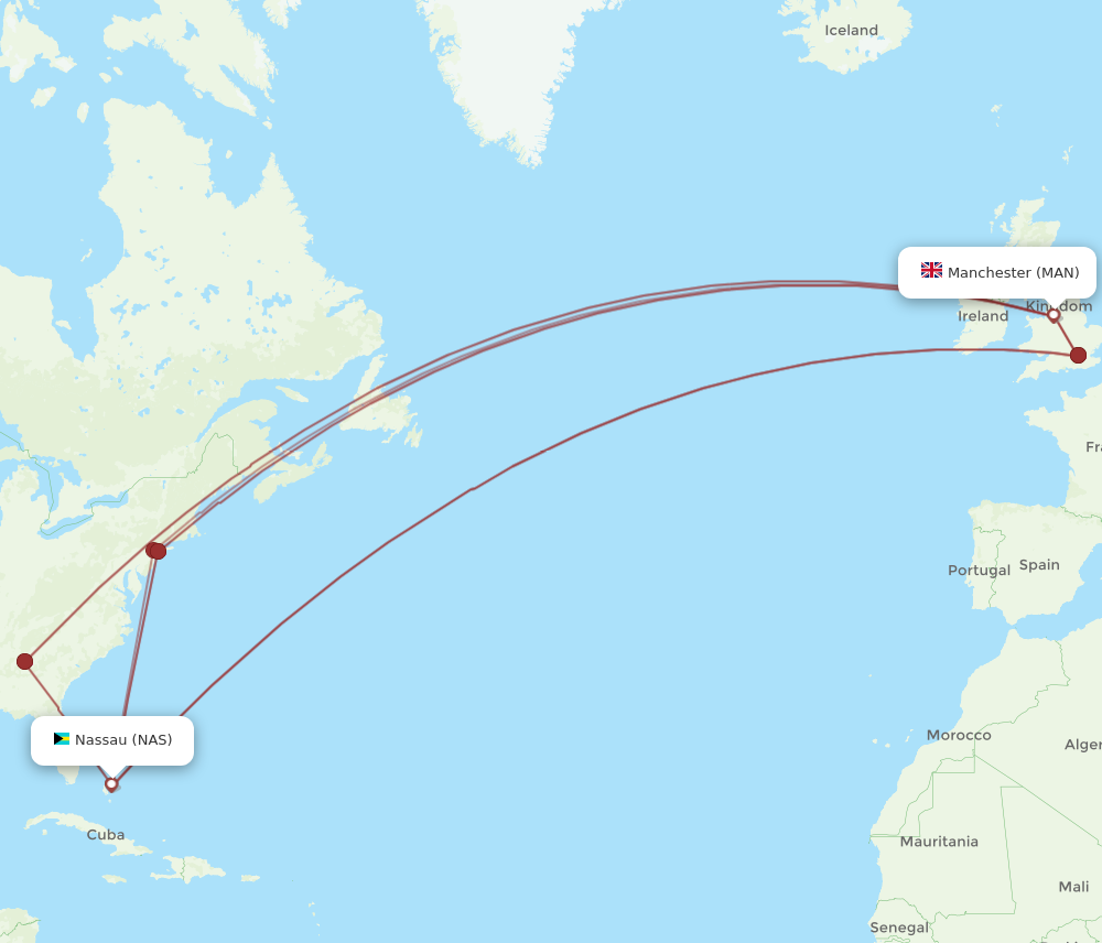 All flight routes from Nassau to Manchester, NAS to MAN - Flight Routes