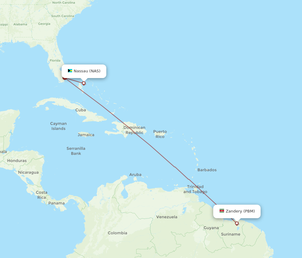 All flight routes from Nassau to Paramaribo, NAS to PBM - Flight Routes