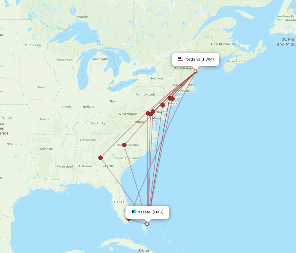 All flight routes from Nassau to Portland, NAS to PWM - Flight Routes