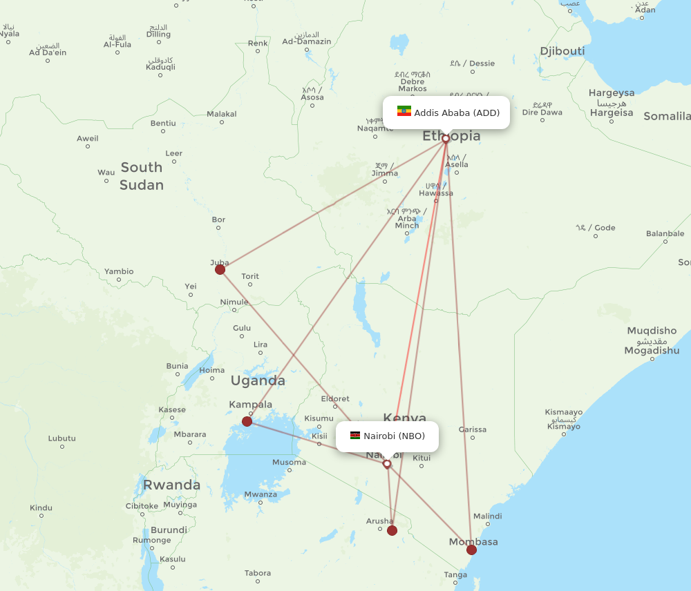 Flights from Nairobi to Addis Ababa NBO to ADD Flight Routes