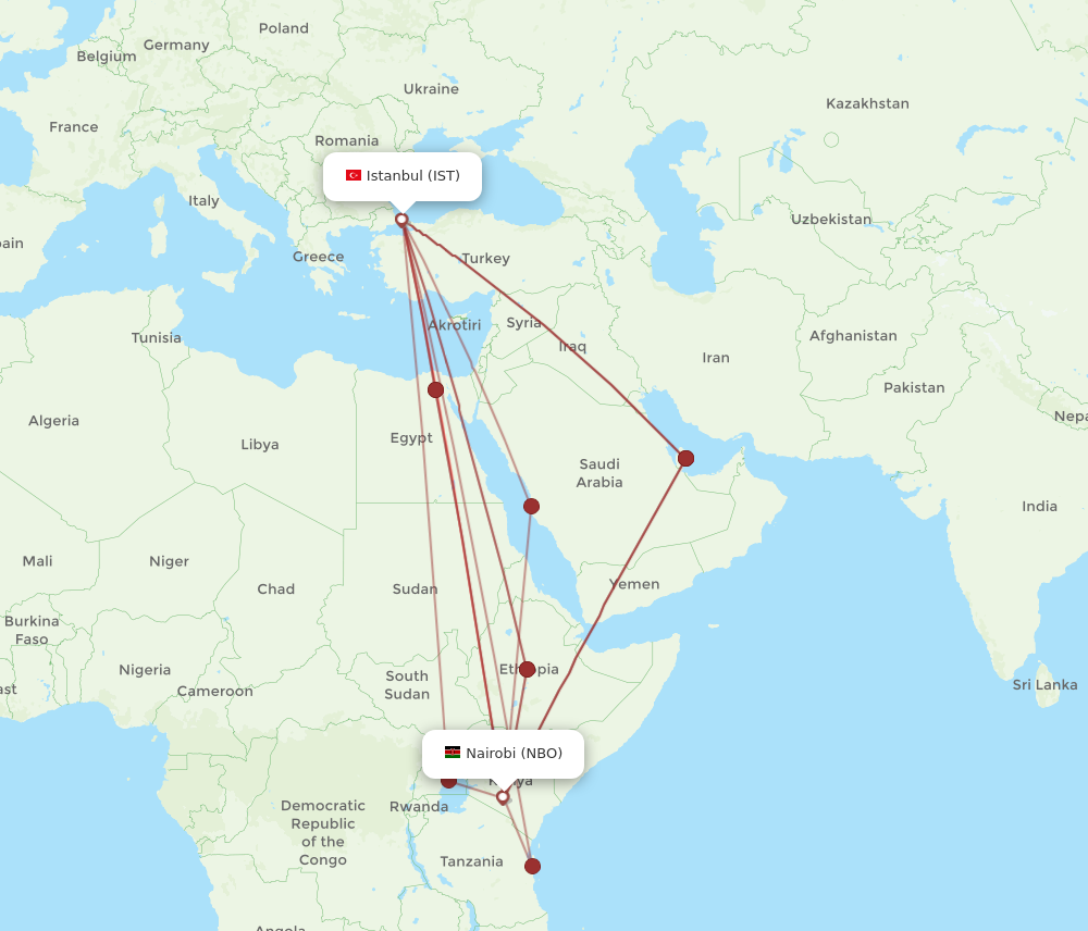 All flight routes from Nairobi to Istanbul, NBO to IST Flight Routes