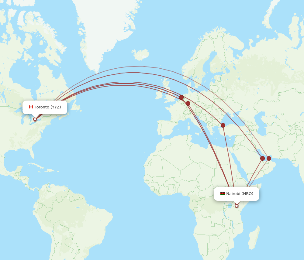 All flight routes from Nairobi to Toronto, NBO to YYZ Flight Routes