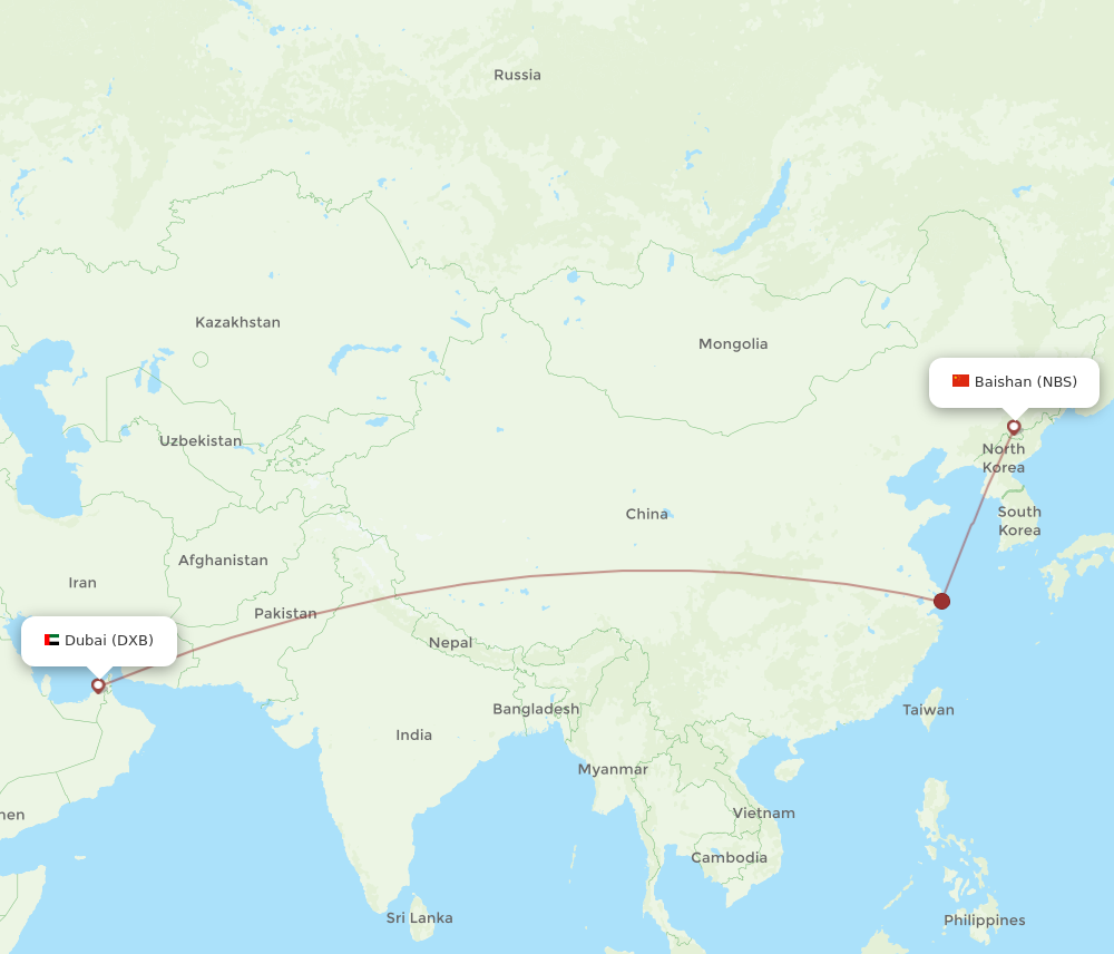 All Flight Routes From Dubai To Baishan, DXB To NBS - Flight Routes