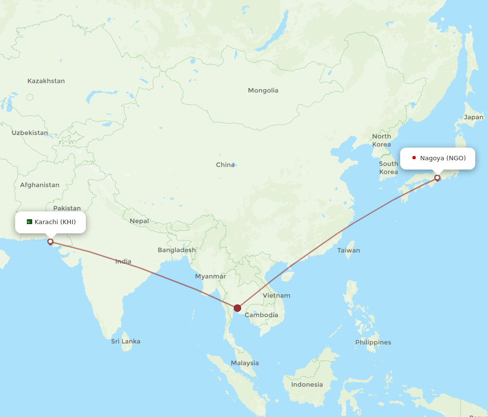 All flight routes from Nagoya to Karachi, NGO to KHI - Flight Routes