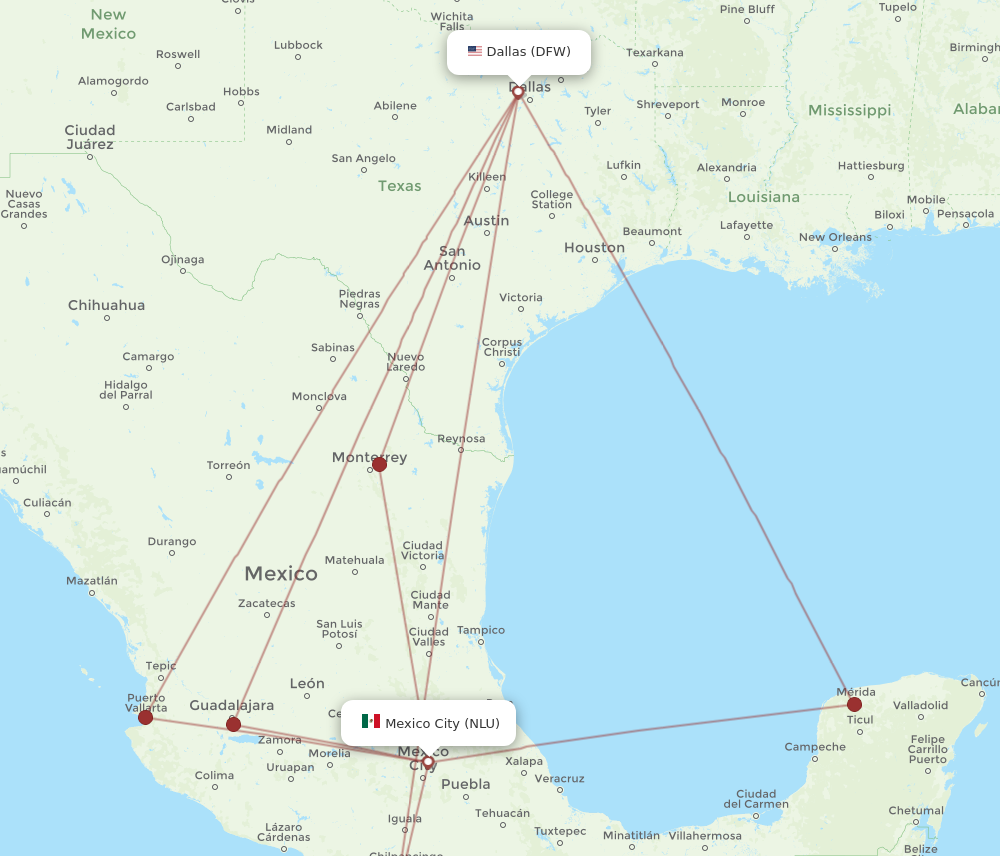 Flights from Mexico City to Dallas NLU to DFW Flight Routes