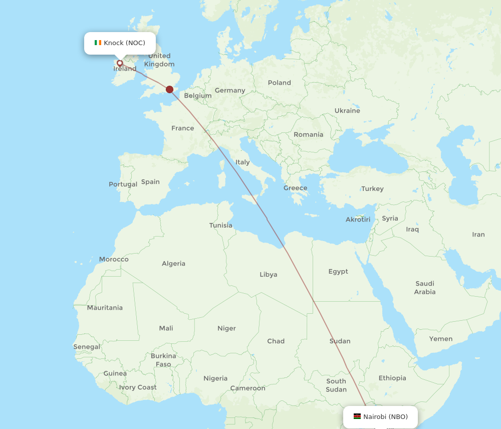 All flight routes from Knock to Nairobi, NOC to NBO Flight Routes