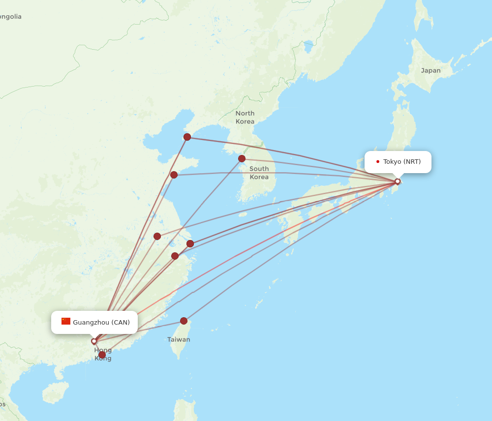 NRT to CAN flights and routes map