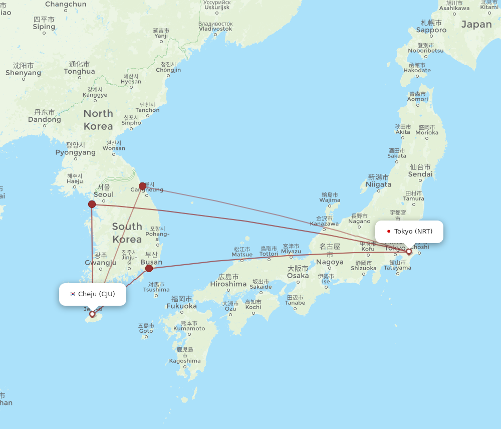 Flights from Tokyo to Jeju NRT to CJU Flight Routes