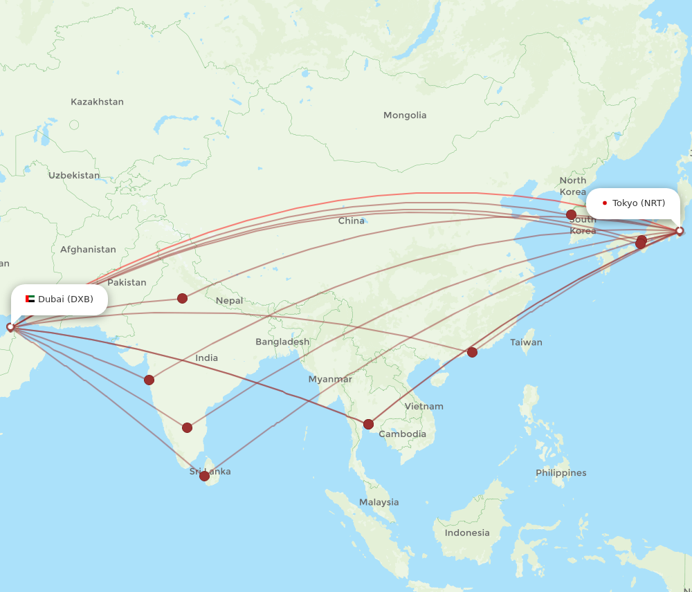 NRT to DXB flights and routes map