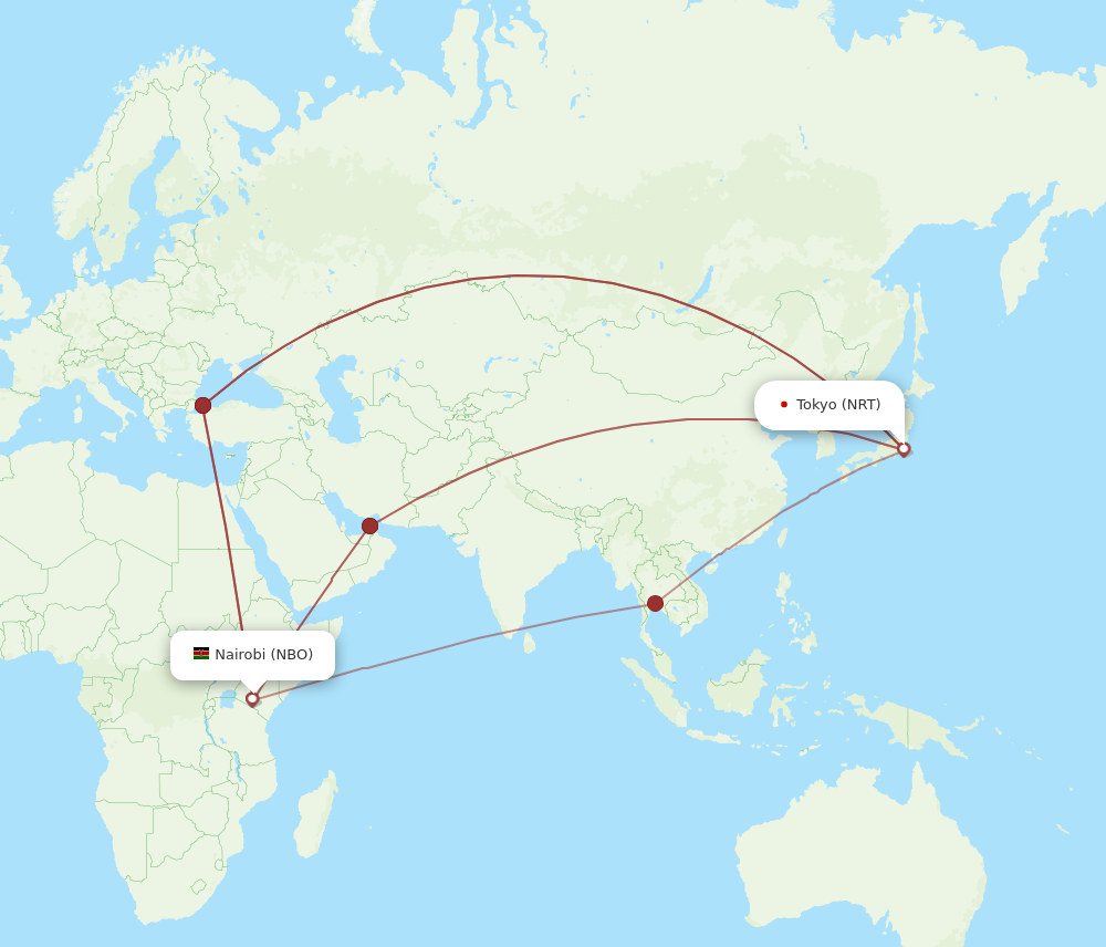 All flight routes from Tokyo to Nairobi, NRT to NBO Flight Routes