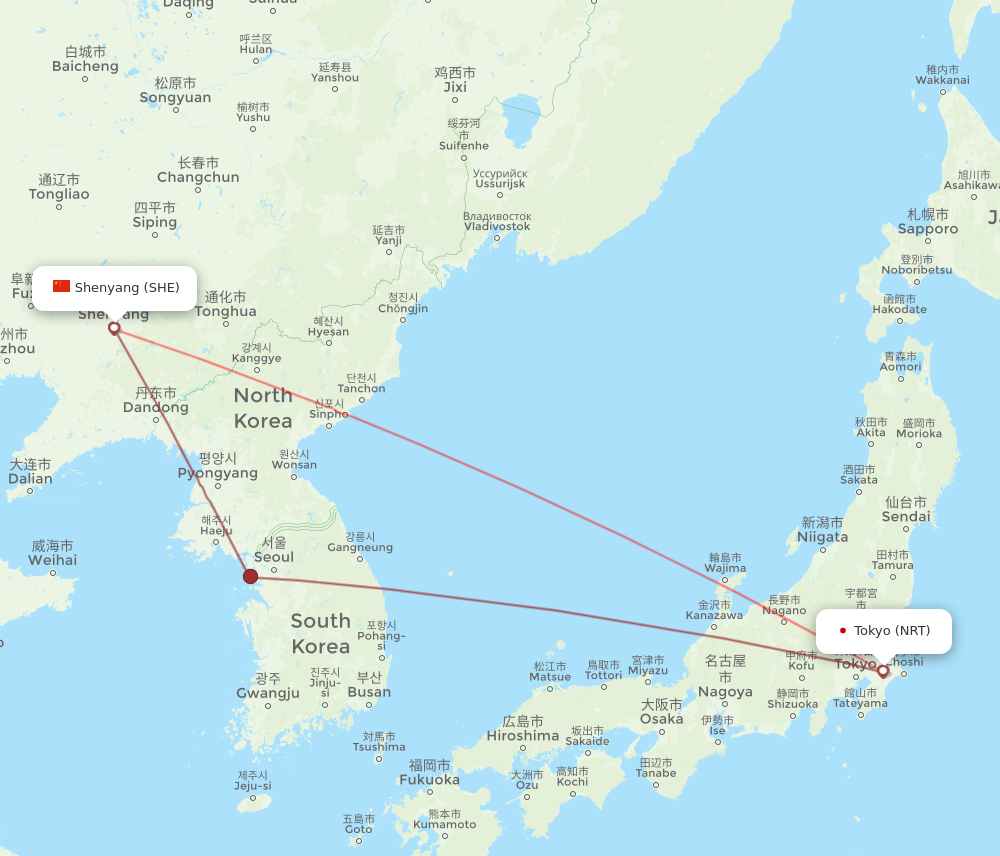 NRT to SHE flights and routes map