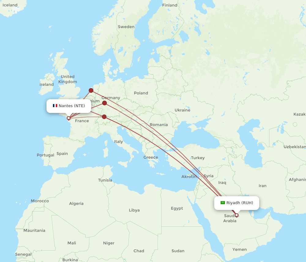 NTE to RUH flights and routes map