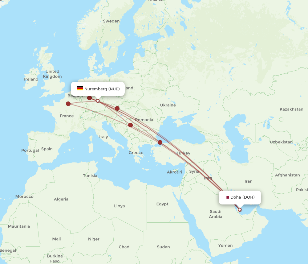 NUE to DOH flights and routes map