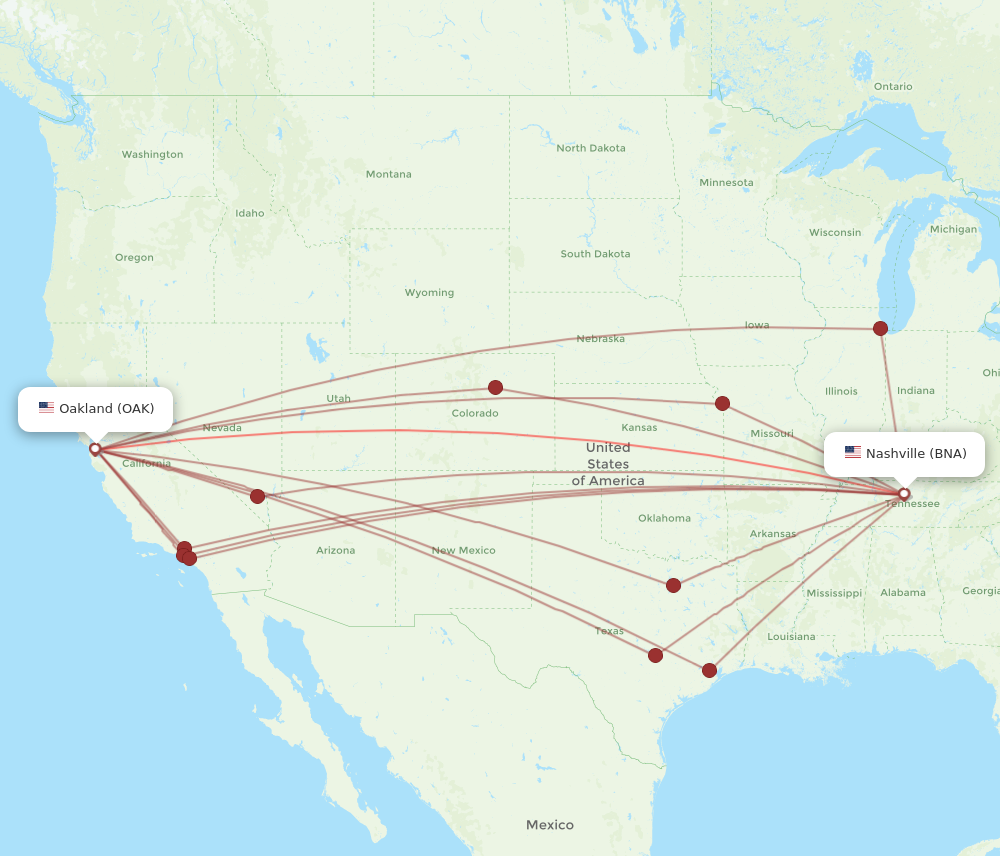 All flight routes from Oakland to Nashville, OAK to BNA - Flight Routes