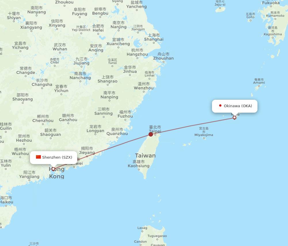 OKA to SZX flights and routes map