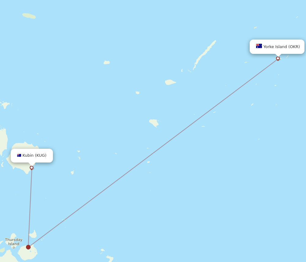 All flight routes from Yorke Island to Kubin Island, OKR to KUG ...