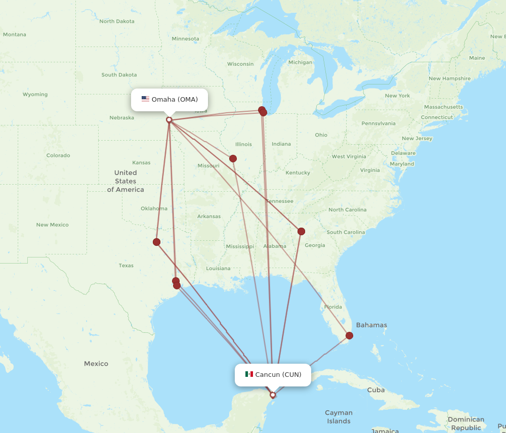 All flight routes from Omaha to Cancun, OMA to CUN - Flight Routes