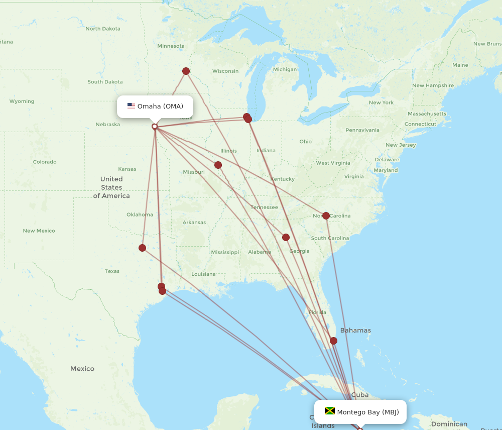 Flights from Omaha to Montego Bay, OMA to MBJ - Flight Routes