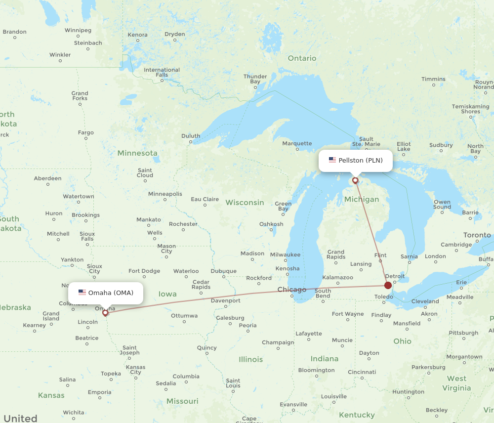 All flight routes from Omaha to Pellston, OMA to PLN - Flight Routes