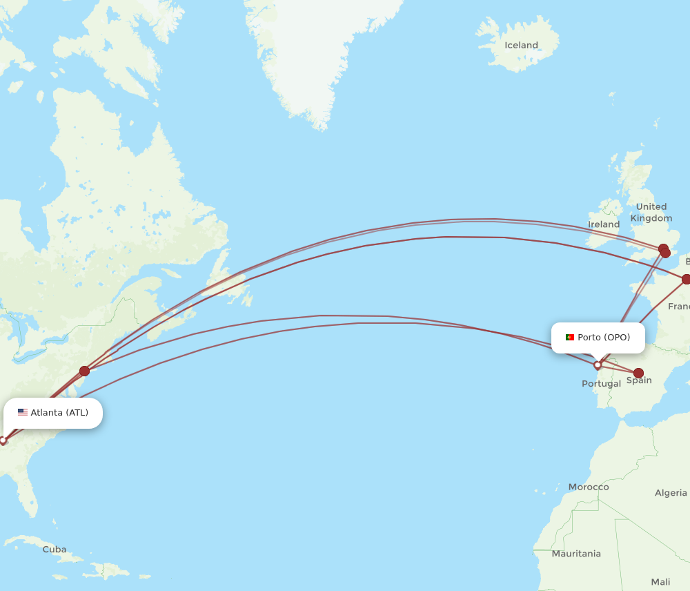 OPO to ATL flights and routes map