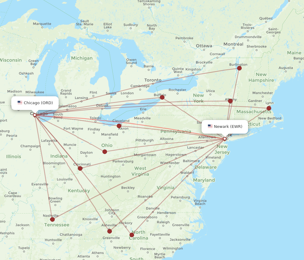 Flights from Chicago to New York ORD to EWR Flight Routes