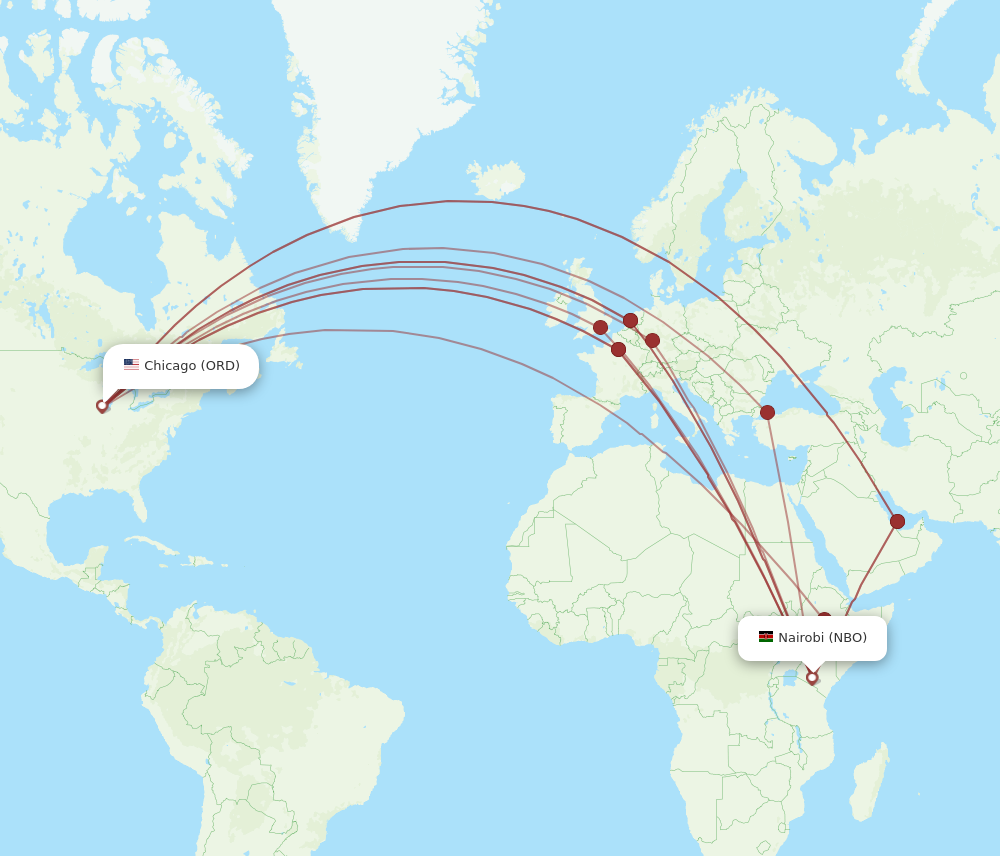 All flight routes from Chicago to Nairobi, ORD to NBO - Flight Routes