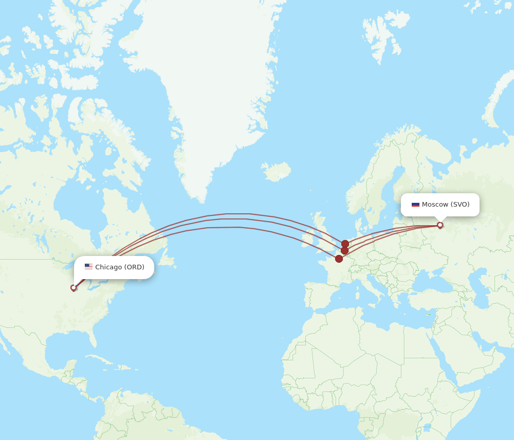 All flight routes from Chicago to Moscow, ORD to SVO Flight Routes