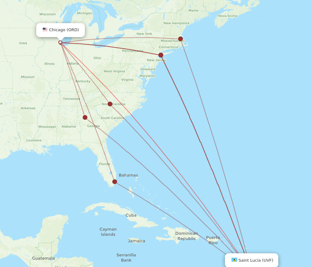 All flight routes from Chicago to Saint Lucia, ORD to UVF - Flight Routes