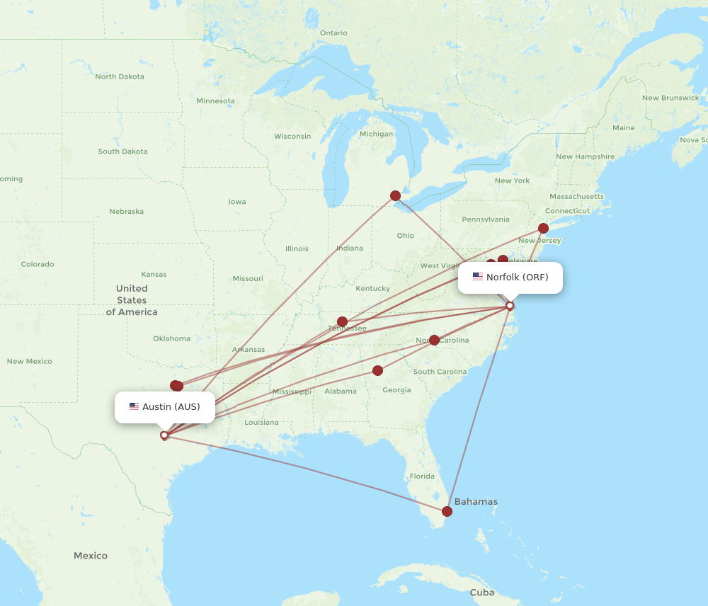 All flight routes from Norfolk to Austin, ORF to AUS - Flight Routes