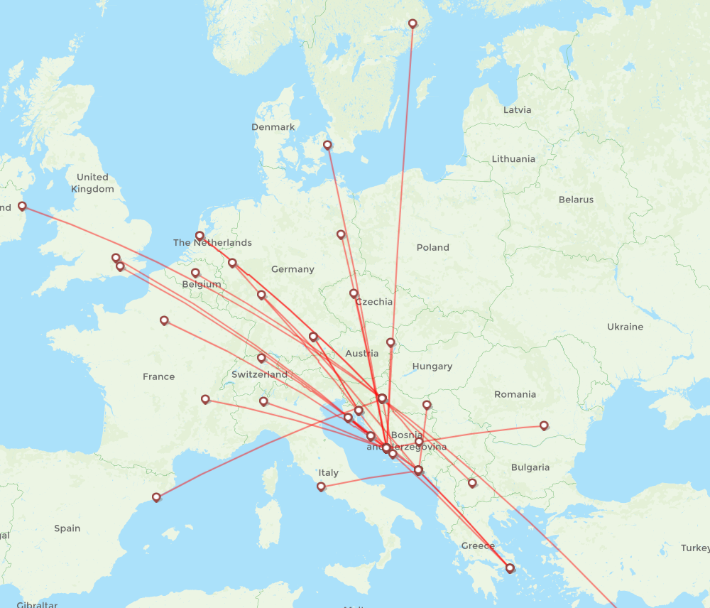 Croatia Airlines routes (OU) 2024, map Flight Routes