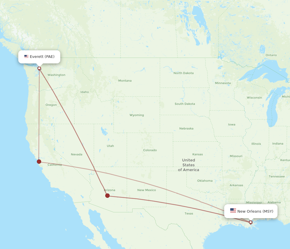 Flights from Everett to New Orleans PAE to MSY Flight Routes