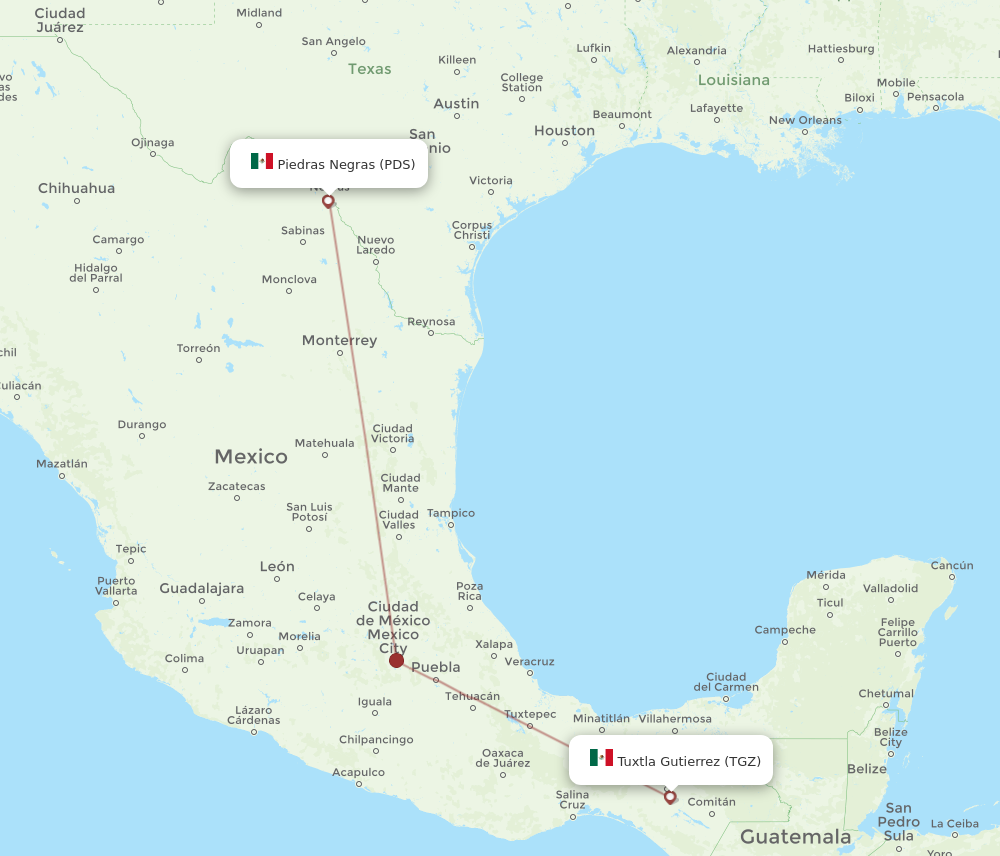 All flight routes from Piedras Negras to Tuxtla Gutierrez, PDS to TGZ ...