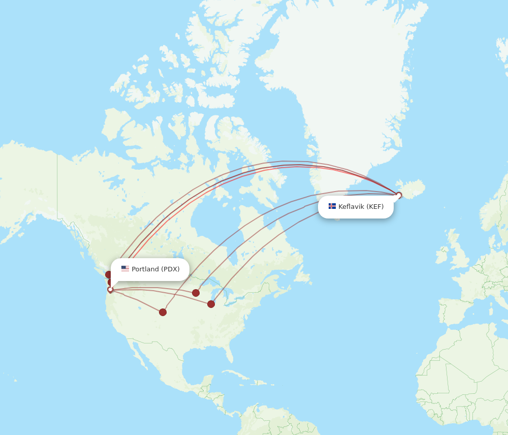 All flight routes from Portland to Reykjavik, PDX to KEF Flight Routes