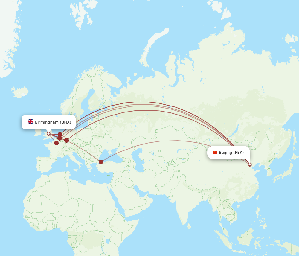 PEK to BHX flights and routes map