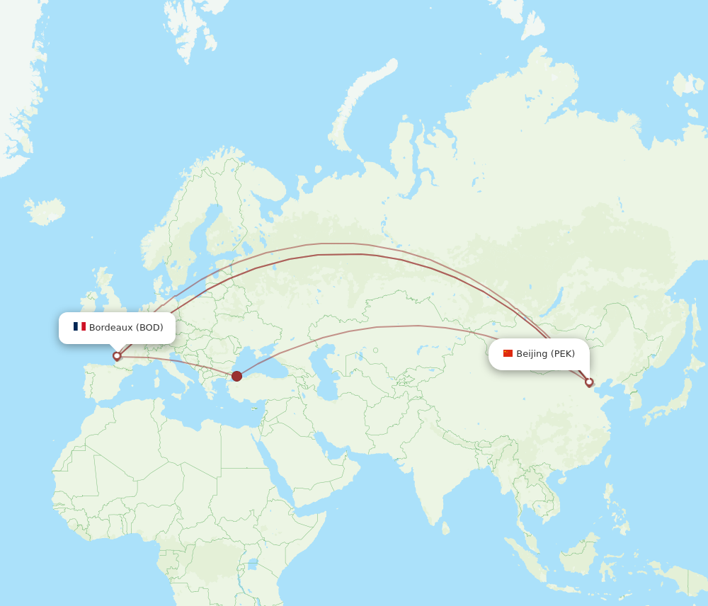 PEK to BOD flights and routes map