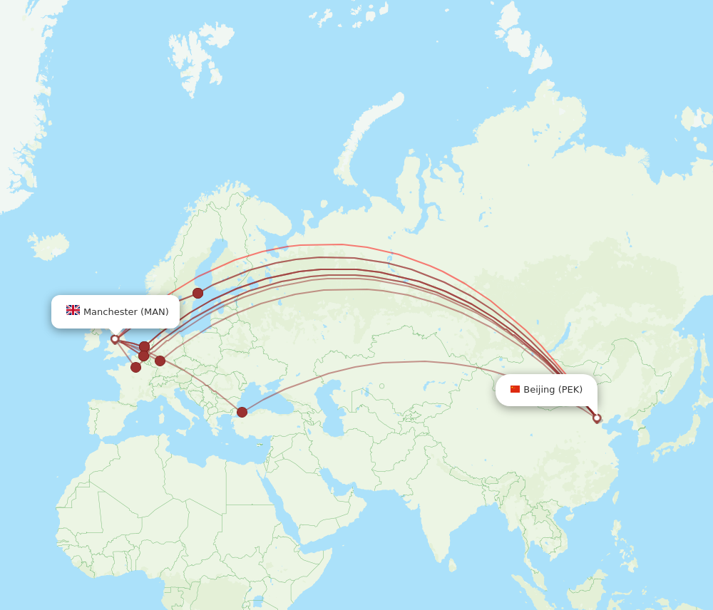 PEK to MAN flights and routes map